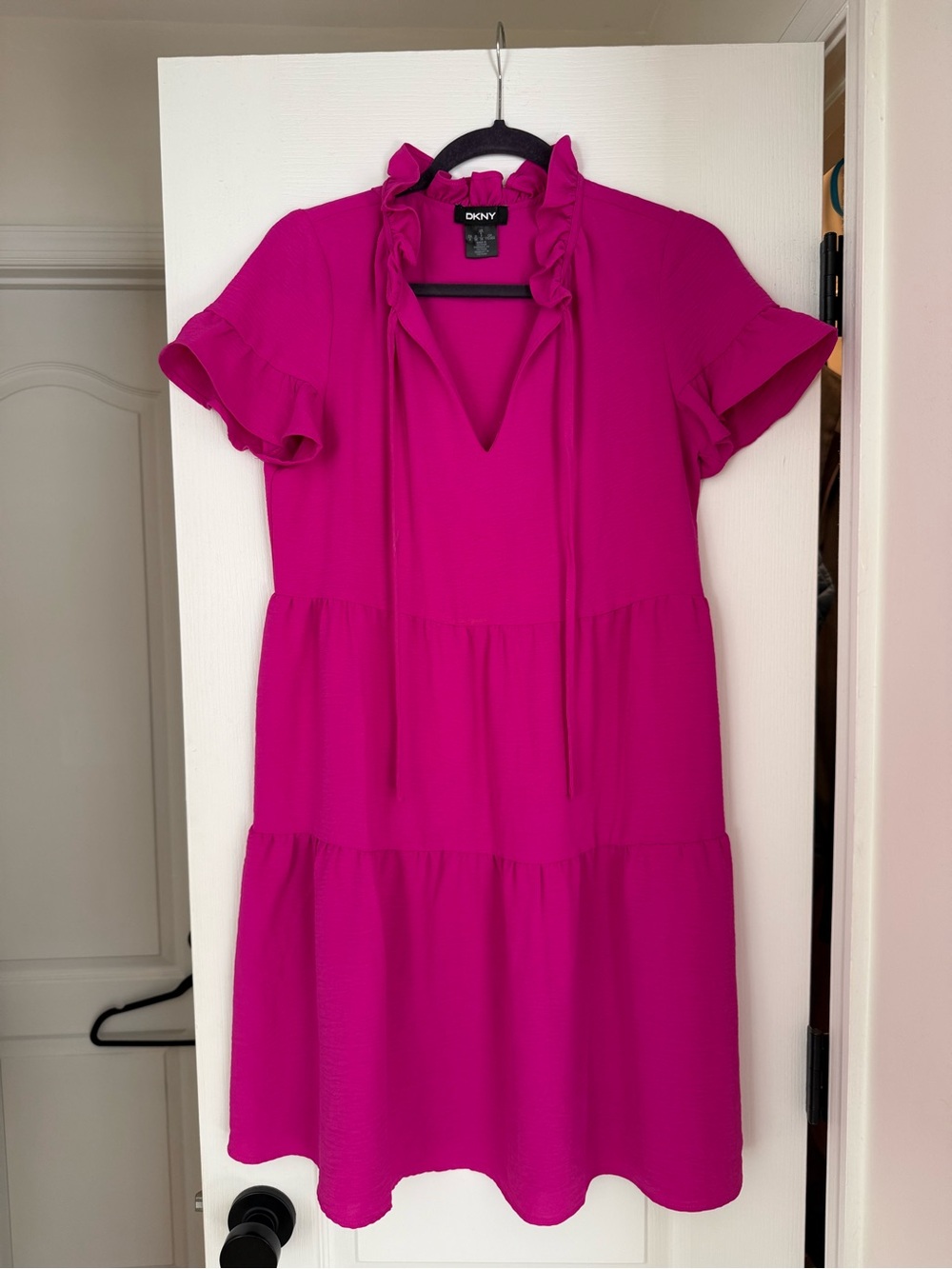 DKNY Bright Fuchsia Ruffle-Tie Tiered Mini Dress